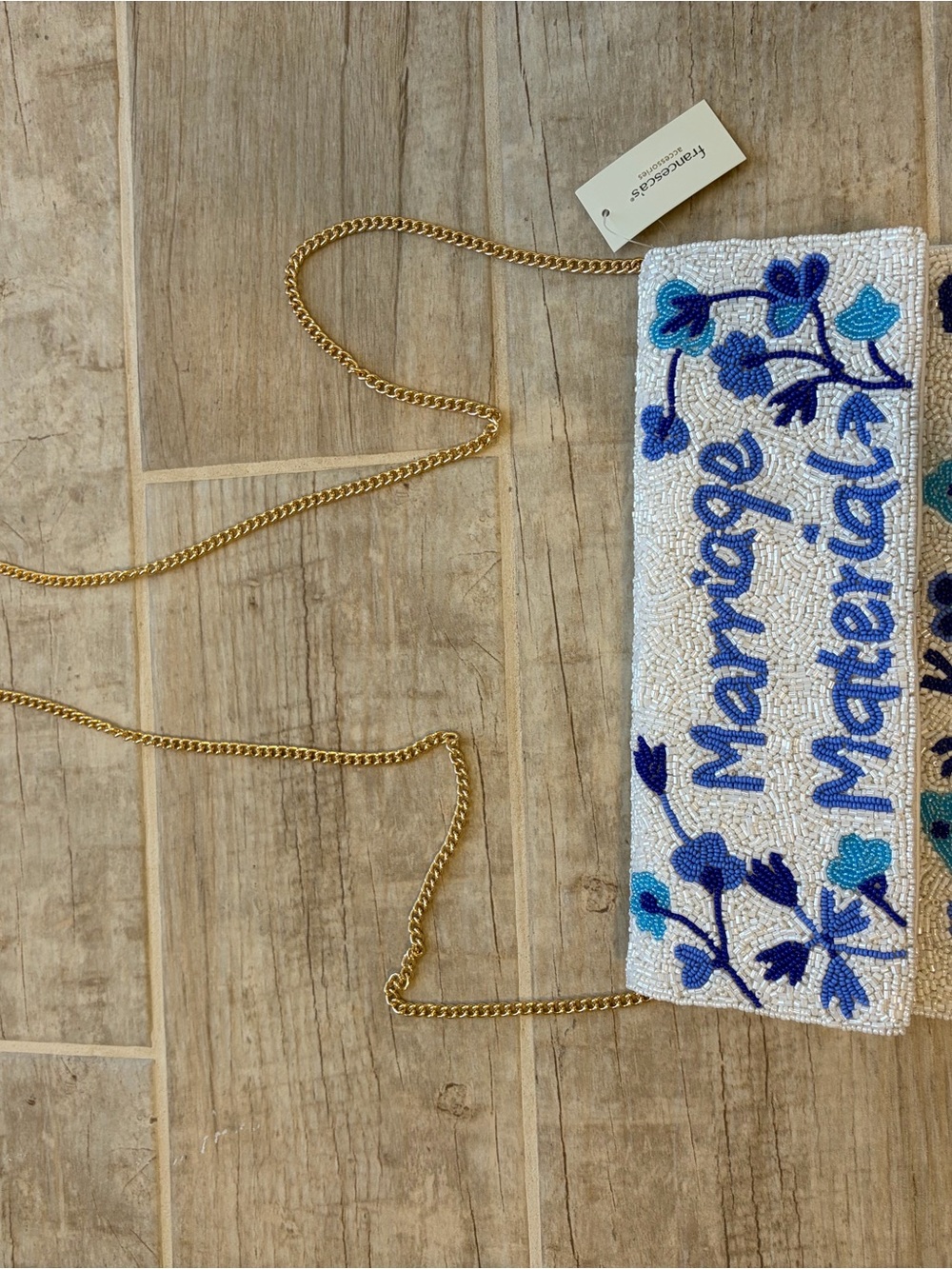 Francesca's Collections Beaded 'Marriage Material' Clutch in White and Blue - Picture 2 of 3